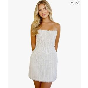 Handmade Ivory Pearl Sequin Corset Mini Dress Lace Up Back Size 14